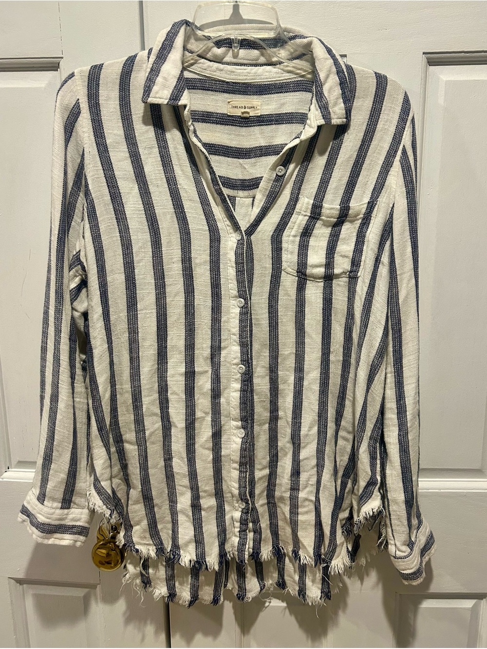 Thread & Supply Cream and Navy Vertical Stripe Button-Down Shirt